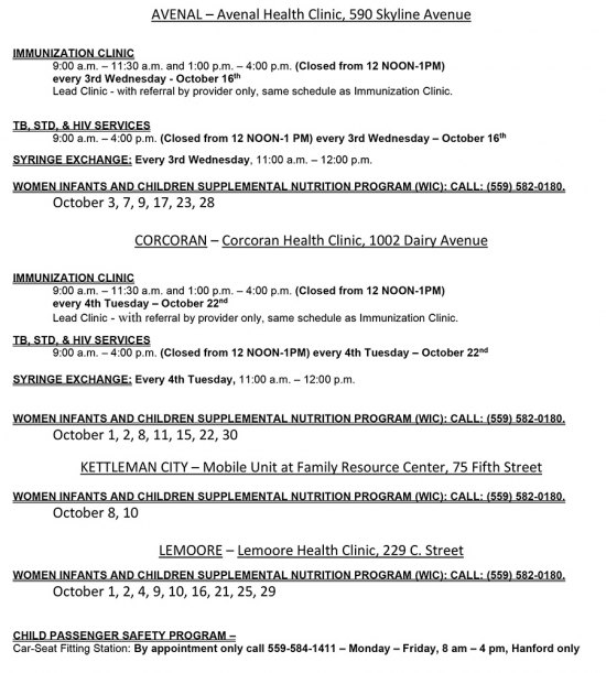 Kings County Health Department Clinic Schedules released for October 2019